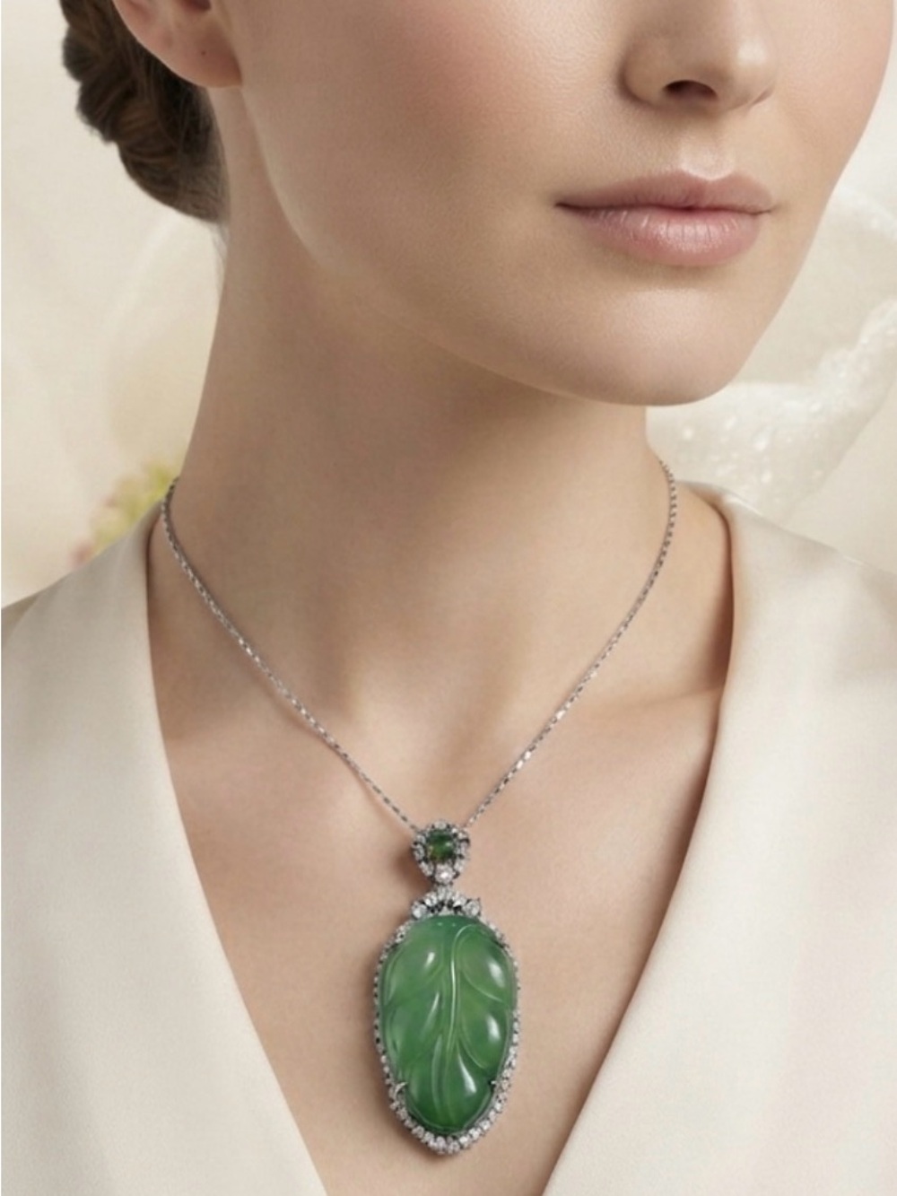 Carved Green Chalcedony Leaf Pendant Necklace with CZ Halo — Sterling Silver